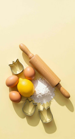 A collection of baking ingredients and tools on a pale yellow surface