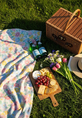 Picnic scene with wicker basket, cheese board, flowers, drinks, and hat on grassy areaの写真素材