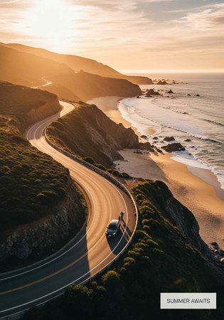 Winding road along coastline with car, ocean waves, and sunsetの写真素材