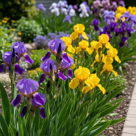 A garden bed featuring purple and yellow irises with green leaves and other colorful flowers in the...
