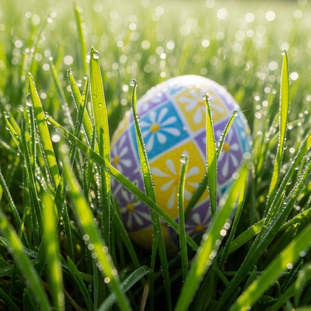 Decorative egg with floral pattern in grass with dew drops