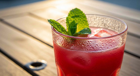 A glass of red drink with ice and mint leaves on a wooden tableの写真素材