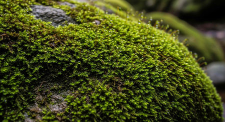 Close-up of lush green moss growing on a large rock with blurred background