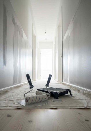 A hallway with white walls, light wood floor, and painting tools on a drop clothの写真素材