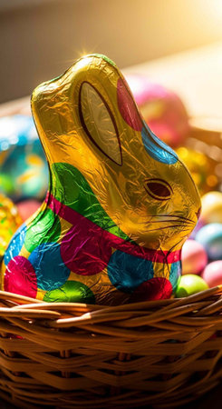 Golden foil chocolate bunny with multicolored patches in a brown wicker basket