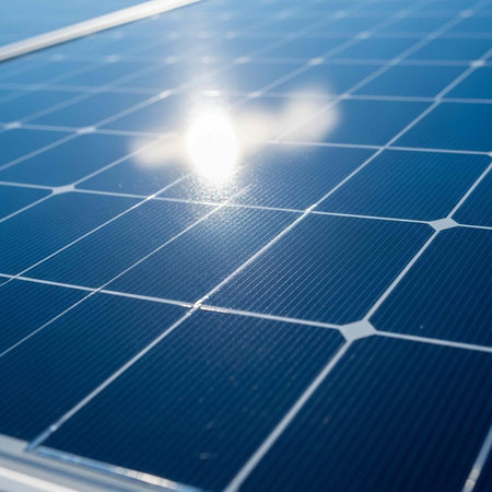 Solar panel with blue cells, grid lines, and sunlight reflection on surface