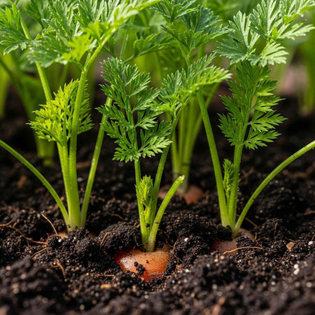 Close-up of vibrant green carrot plants sprouting from dark soil with visible roots and leaves