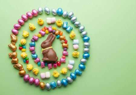 Vibrant Easter treats including chocolate bunny, eggs, and chicks in spiral pattern on pastel green
