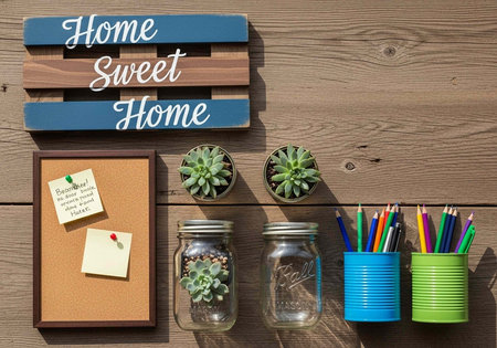A rustic wooden background with home decor items, succulents, corkboard, and colorful stationeryの写真素材