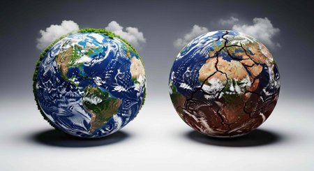 Two earth globes, one healthy with blue oceans and green land, the other dry and cracked