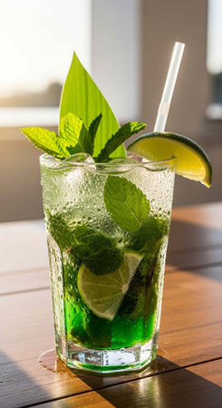 Glass of green mojito with mint leaves, lime, and straw on wooden table