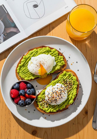 A plate of avocado toast with poached eggs and berries on a wooden table with a book and orange...