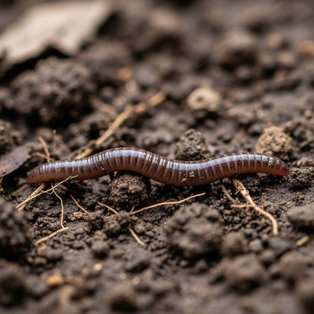 Close-up of a brown insect on dark soil with twigs and roots.の写真素材