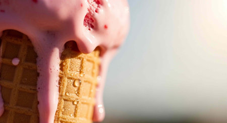 Melting pink ice cream drips down a golden wafer cone against a blurred background.の写真素材