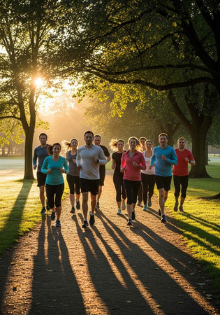 Diverse group of runners in athletic wear jogging on a dirt path in a park with trees