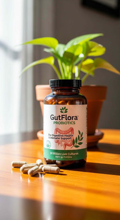 Brown bottle of probiotics on wooden table with scattered capsules and green potted plantの写真素材