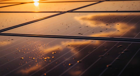 Close-up of solar panels with raindrops reflecting sunset and clouds.