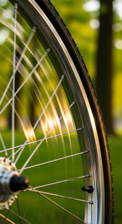 Bicycle wheel with silver spokes and black tire in a blurred green outdoor background