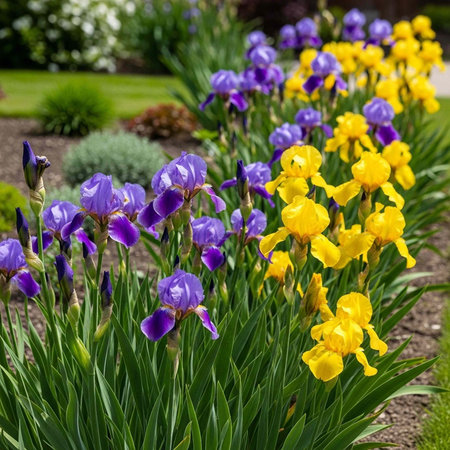 Colorful irises in purple and yellow hues grow amidst green leaves in a garden bed with mulch.