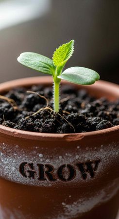 Close-up of a young plant in a brown pot with soil and the word GROW visibleの写真素材
