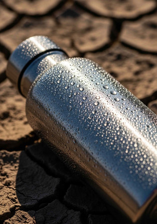 Metallic water bottle with condensation droplets on a dry, cracked earth surfaceの写真素材