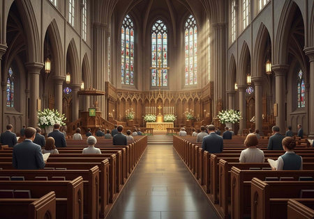 A church interior with rows of wooden pews, congregation, stained glass windows, and floral arrangementsの写真素材