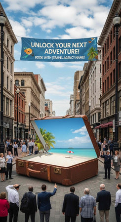 Large brown suitcase opens to show a beach scene, surrounded by people on a city streetの写真素材