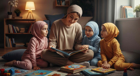 Family of four wearing hijabs sitting on carpet surrounded by books and toys in a warmly lit room