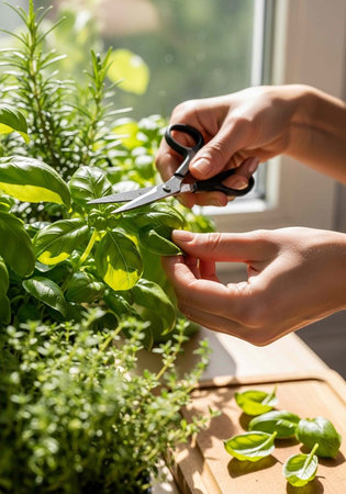 Hands cutting fresh green leaves from plants with scissors on a wooden board