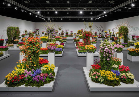 Colorful flowers and greenery displayed on white pedestals in a large, well-lit exhibition spaceの写真素材