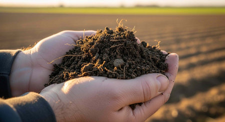 A person holds a handful of dark brown soil with visible roots and organic matter in a field