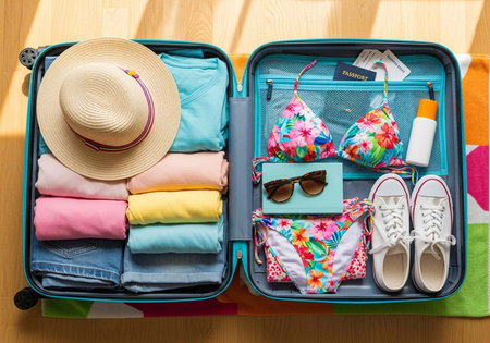 Suitcase packed with folded clothes, hat, sunglasses, shoes, bikini on a wooden surfaceの写真素材