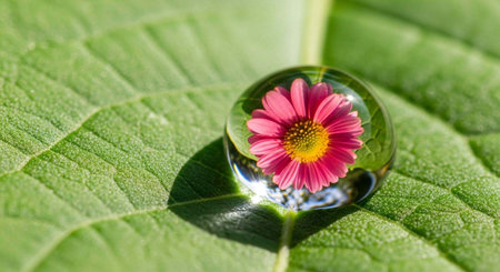 A pink flower reflected in a water droplet on a large green leaf with visible veins.