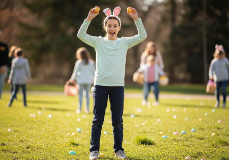 Happy child wearing bunny ears holds Easter eggs in a sunny green field with other kids