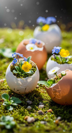 Eggshells filled with colorful flowers sit on mossy ground with small stones and sunlight.