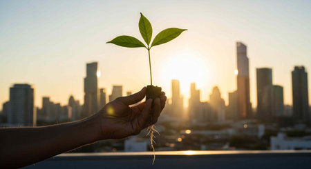 Person's hand holding a small green plant with roots, against a blurred city skyline at sunset.の写真素材