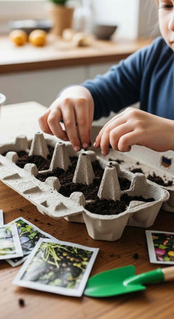 Young child planting seeds in biodegradable egg carton seedlings with soil and a green trowel nearby
