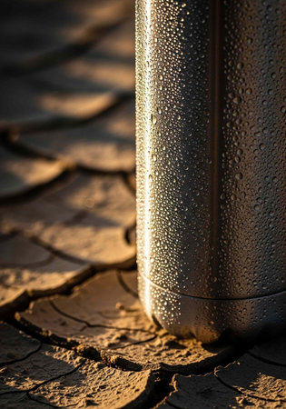 A close-up view of a metallic object covered in water droplets on a dry, cracked earth surfaceの写真素材