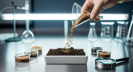 A hand pouring seeds into a white container with soil, surrounded by glassware and petri dishes