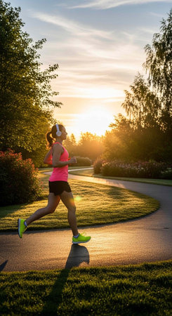Female runner in pink top and black shorts exercising outdoors at sunrise or sunset