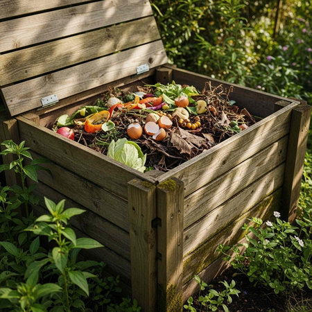A wooden compost bin filled with organic waste in a garden setting