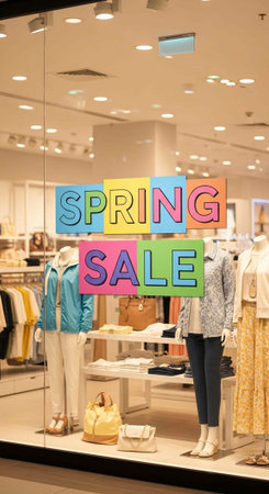 A store window display with a colorful spring sale sign and fashionable clothing
