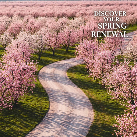 A serene pathway winds through a vibrant orchard of blooming peach trees in spring