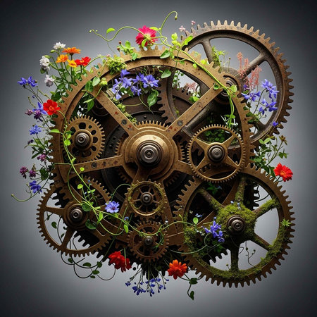 A large gear mechanism with colorful flowers and vines growing out of it