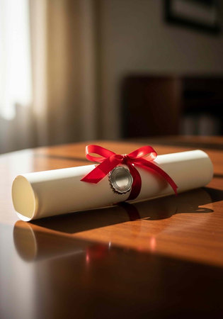 A rolled up diploma with a red ribbon and seal on a wooden table in a bright room
