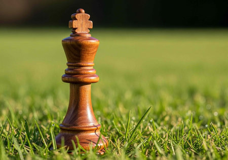 A wooden chess queen stands alone in a lush green grassy field on a sunny day