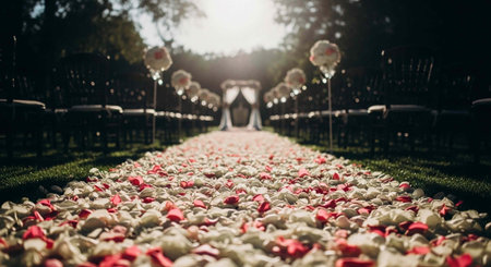 A romantic wedding aisle decorated with rose petals and flowers in a serene outdoor settingの写真素材