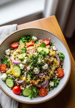 A vibrant quinoa salad with fresh vegetables in a bowl on a wooden table by the windowの写真素材
