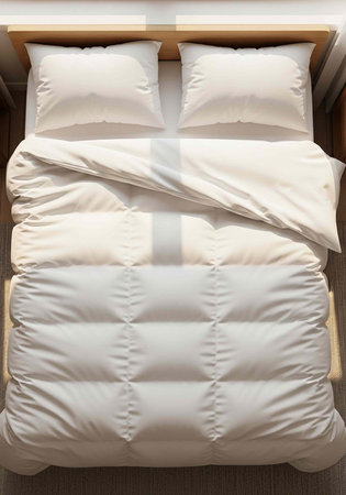 A neatly made bed with white linens and a wooden frame in a cozy roomの写真素材