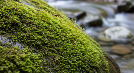A close-up view of vibrant green moss growing on a rock near a serene stream with blurred...